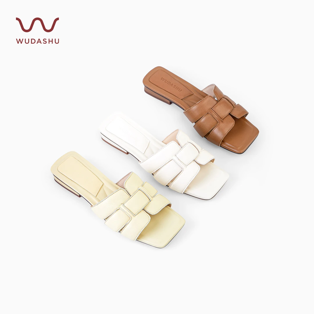 吴大叔【红云鞋】复古风编织一字拖平跟外穿真皮度假风露趾凉拖鞋女