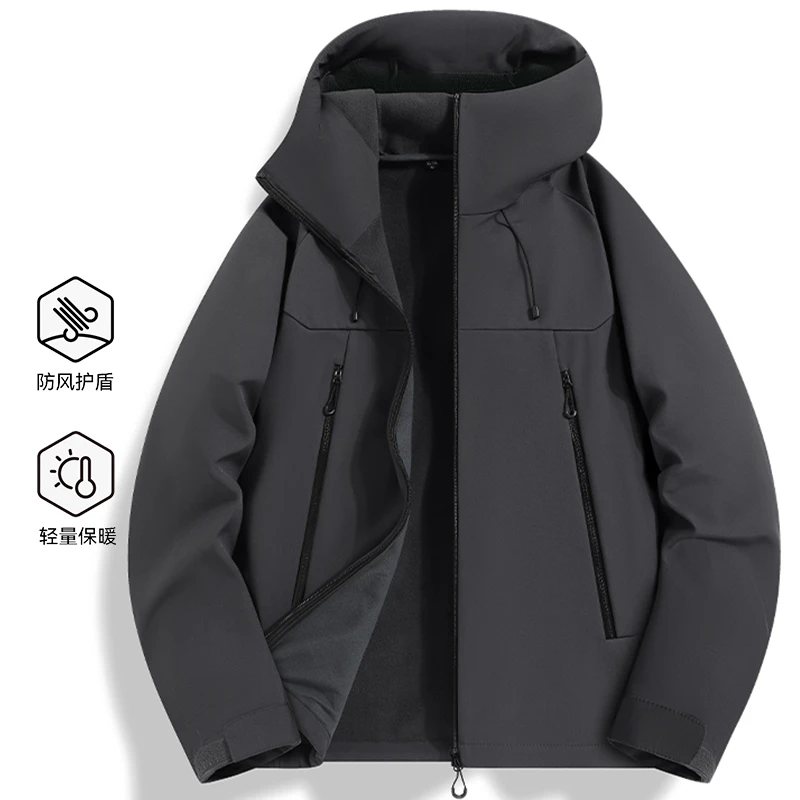 户外冲锋软壳衣外套男秋冬加绒夹克连帽黑色防风百搭休闲情侣防水