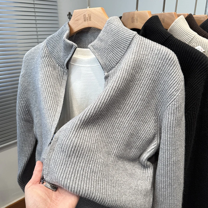 高端双拉链开衫男针织衫厚款春秋季半高领毛衣外套男装纯色百搭潮