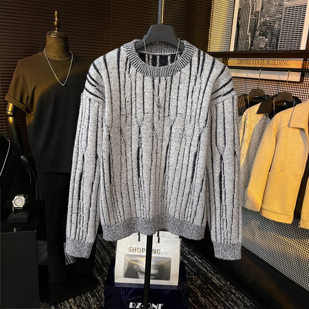 【BJ】冬季复古高定撞色条纹设计款韩系风高级保暖圆领针织毛衣