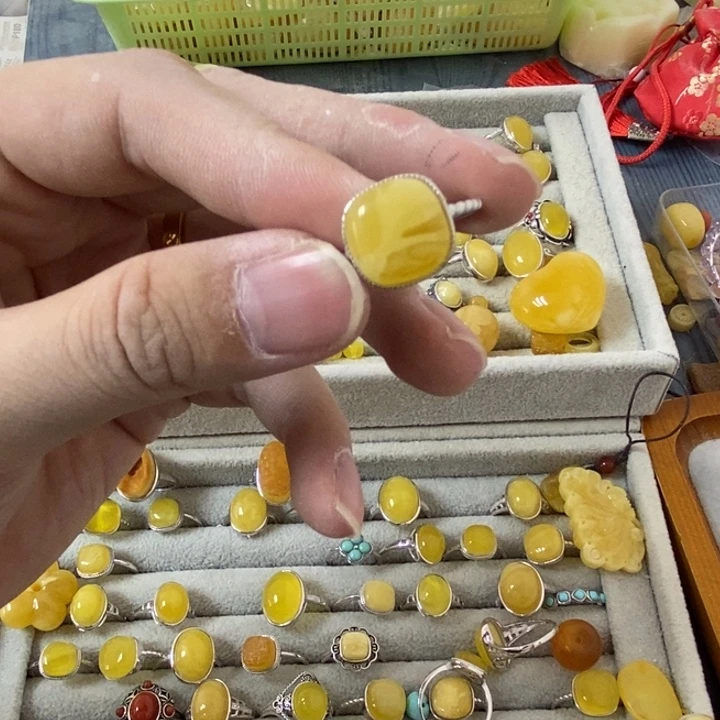 蜜蜡裸石银S925镶嵌戒指