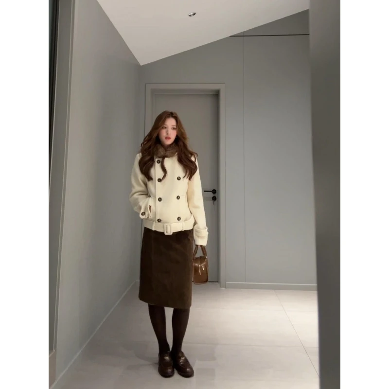 MARIE.COCO法式高级感毛领连帽双排扣毛呢大衣女秋冬款包臀半身裙