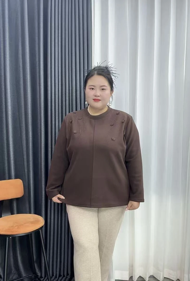 120-240斤胖妈妈中老年宽松型圆领中老年花朵女装加绒卫衣绒衫女