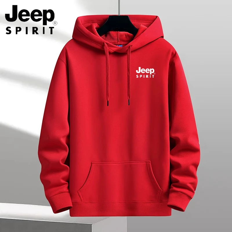 JEEP吉普红色男士连帽卫衣2025春秋款套头长袖时尚潮流加绒打底衫