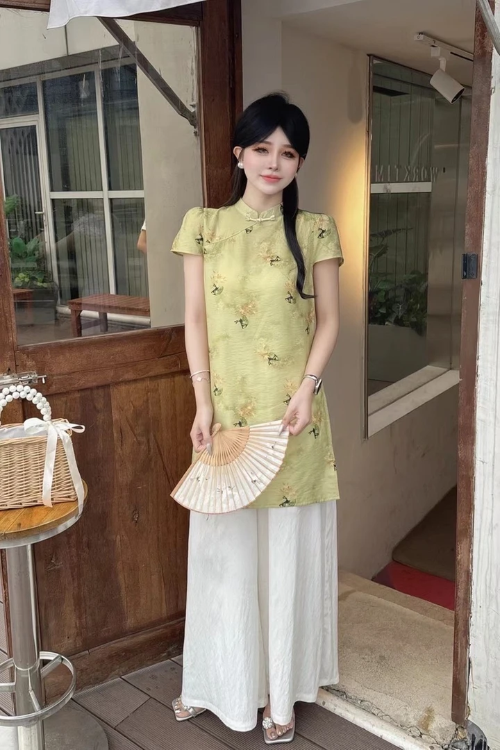 新中式盘扣改良旗袍上衣国风套装女夏季新款宽松裤子阔腿裤两件套