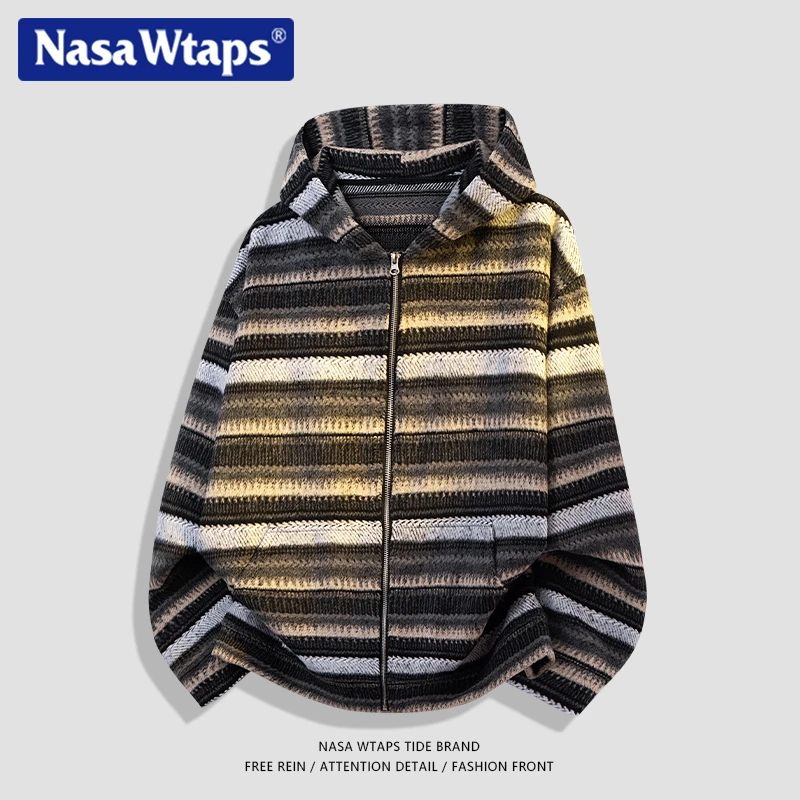 NASA WTAPS美式复古条纹毛呢连帽夹克男士秋季日系拼接设计感卫衣