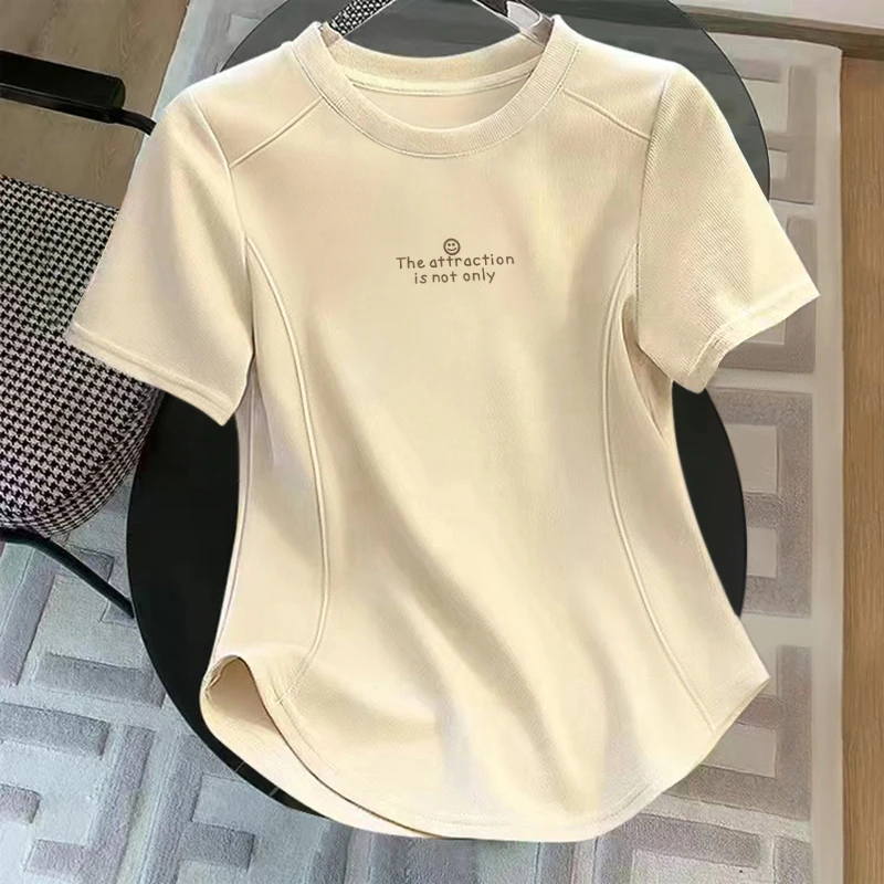 白色正肩短袖t恤女夏季2025新款圆领短款时尚不规则显瘦上衣