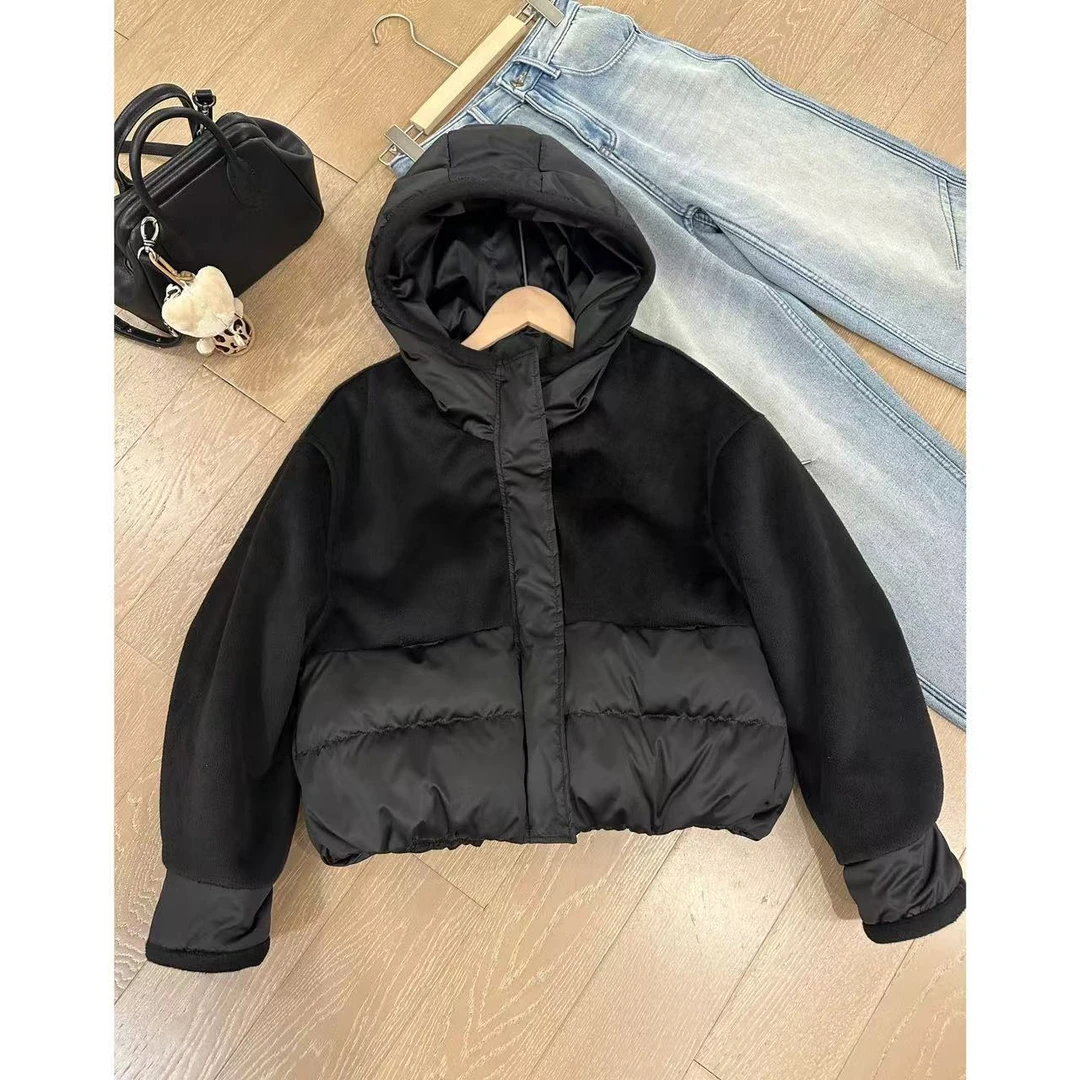 小静静一会【羊毛拼接羽绒服】冬季设计感连帽外套 2411B5332