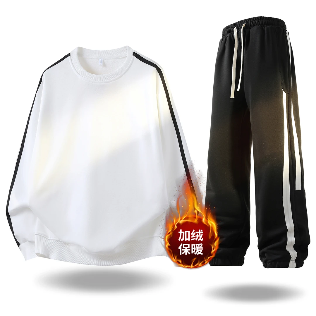 稻草人2025秋冬男士休闲套装百搭两件套户外时尚圆领加绒加厚长袖
