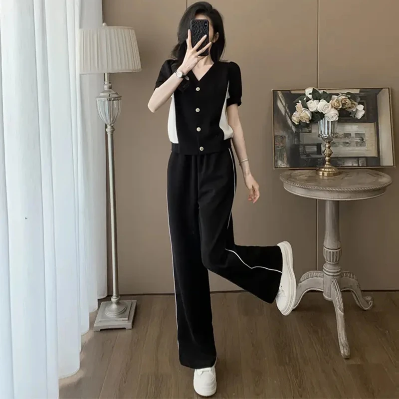 慵懒风时尚运动服套装女2025年夏季新款气质减龄短袖阔腿裤两件套