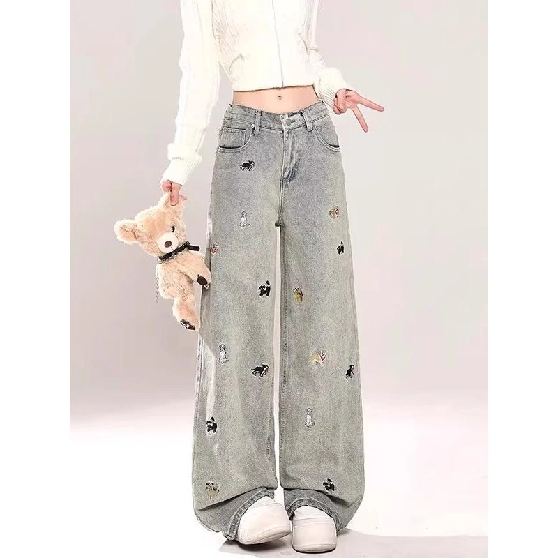 美式复古趣味刺绣牛仔裤女潮牌2025春季新款水洗做旧显瘦直筒裤子