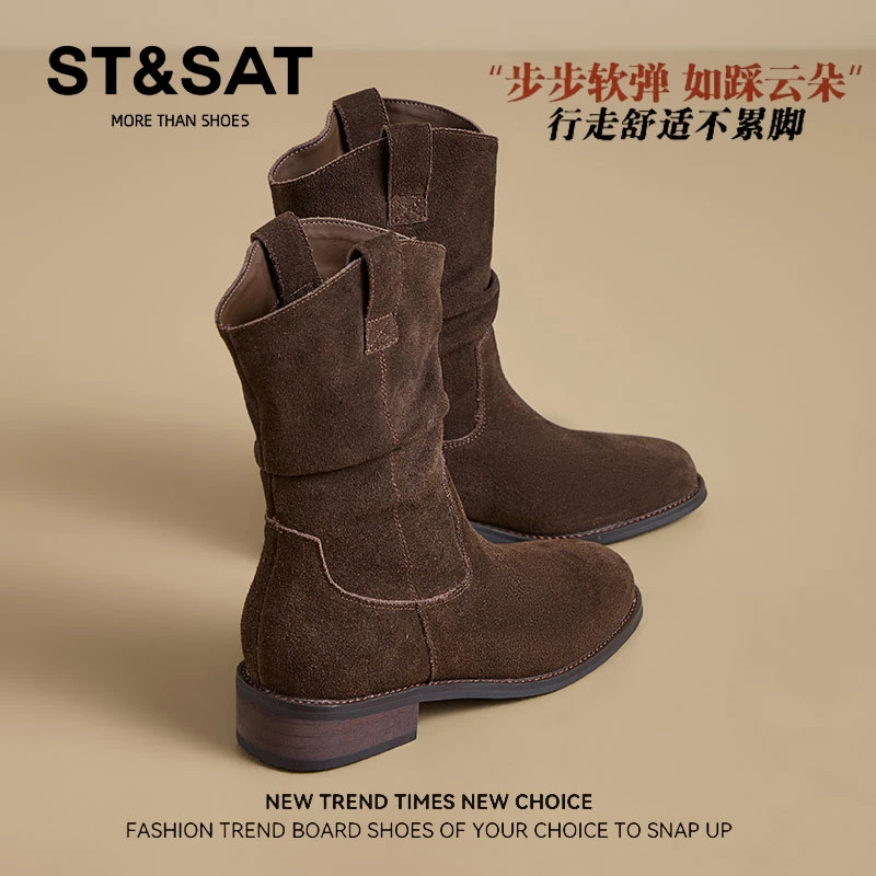 星期六西部牛仔靴短靴女秋冬韩版复古粗跟马丁靴英伦风褶皱堆堆靴