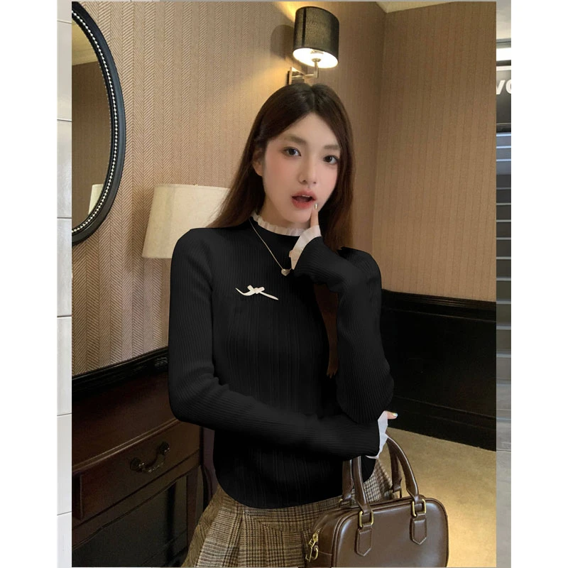 【茶香可颂】2024秋季新款印花针织拼接内搭修身显瘦百搭设计感长袖