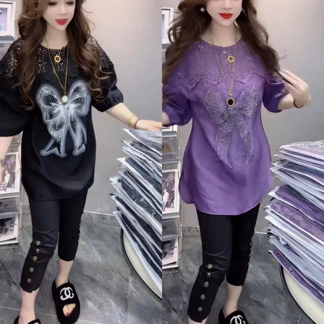 夏季新款烫钻蝴蝶结半袖T恤女宽松甜辣显瘦简约上衣16001600