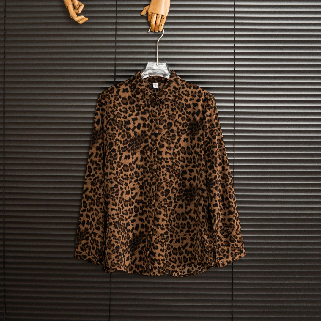 polo时尚领纽扣长袖豹纹衬秋冬休闲宽松印花女士复古6660