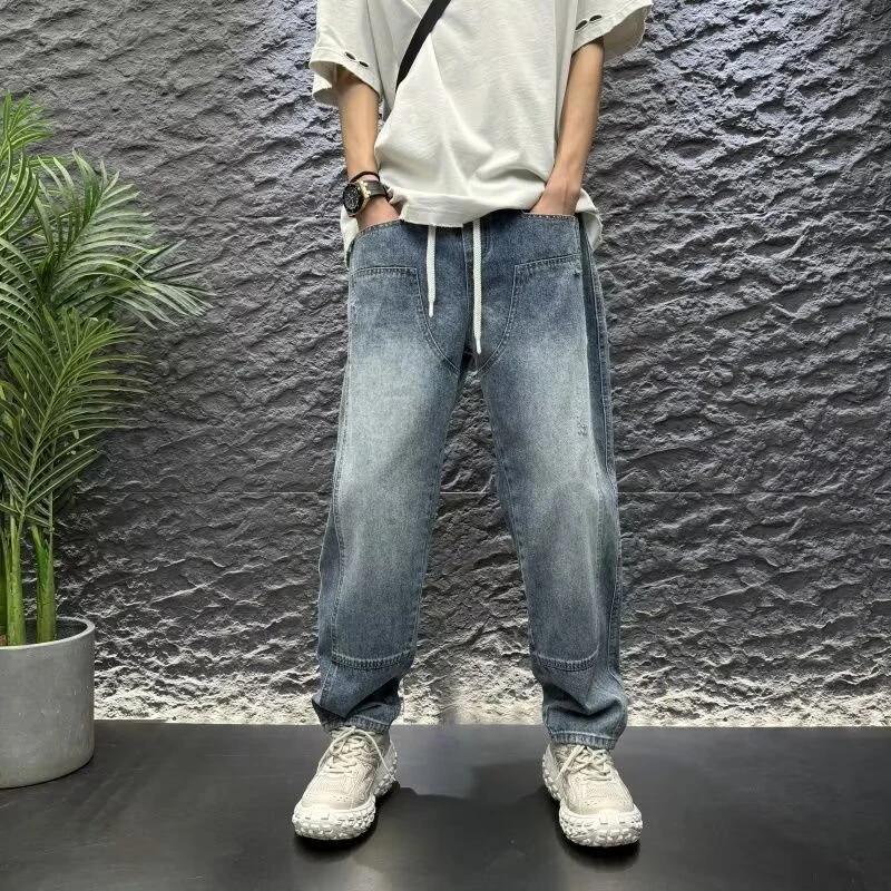 2025春夏季新款牛仔裤男美式复古水洗渐变男款阔腿裤痞帅直筒裤子