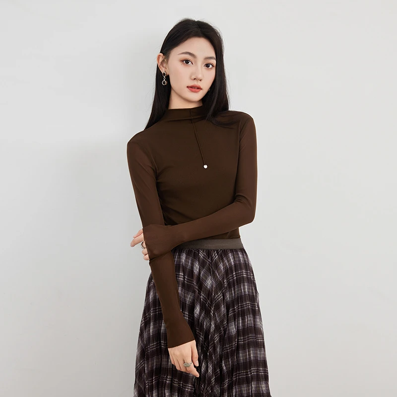 长袖常规修身型半高领打底衫蕾丝黑色秋冬休闲圆领YA25433Z001