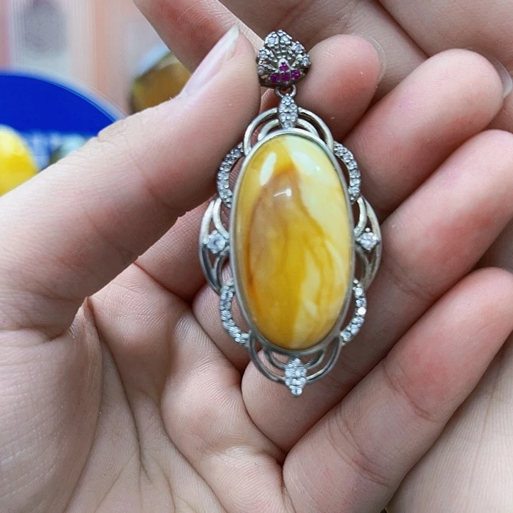 琥珀银S925镶嵌戒指吊坠