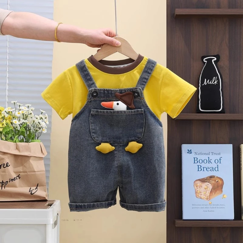 婴儿衣服夏季卡通可爱背带短裤短袖套装小童男宝宝薄款夏装两件套