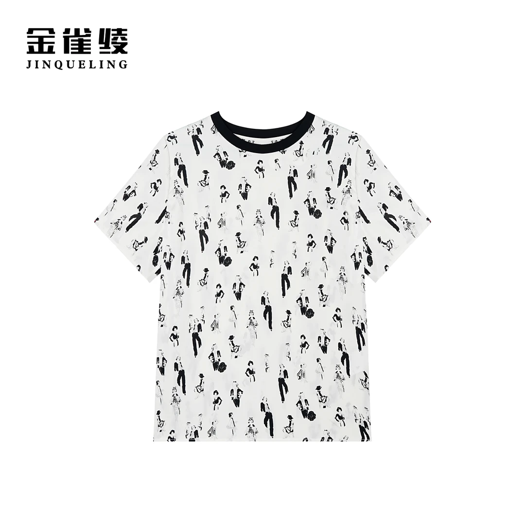 金雀绫【可可小姐】桑蚕丝时尚百搭圆领潮流印花款小衫SZ1S33