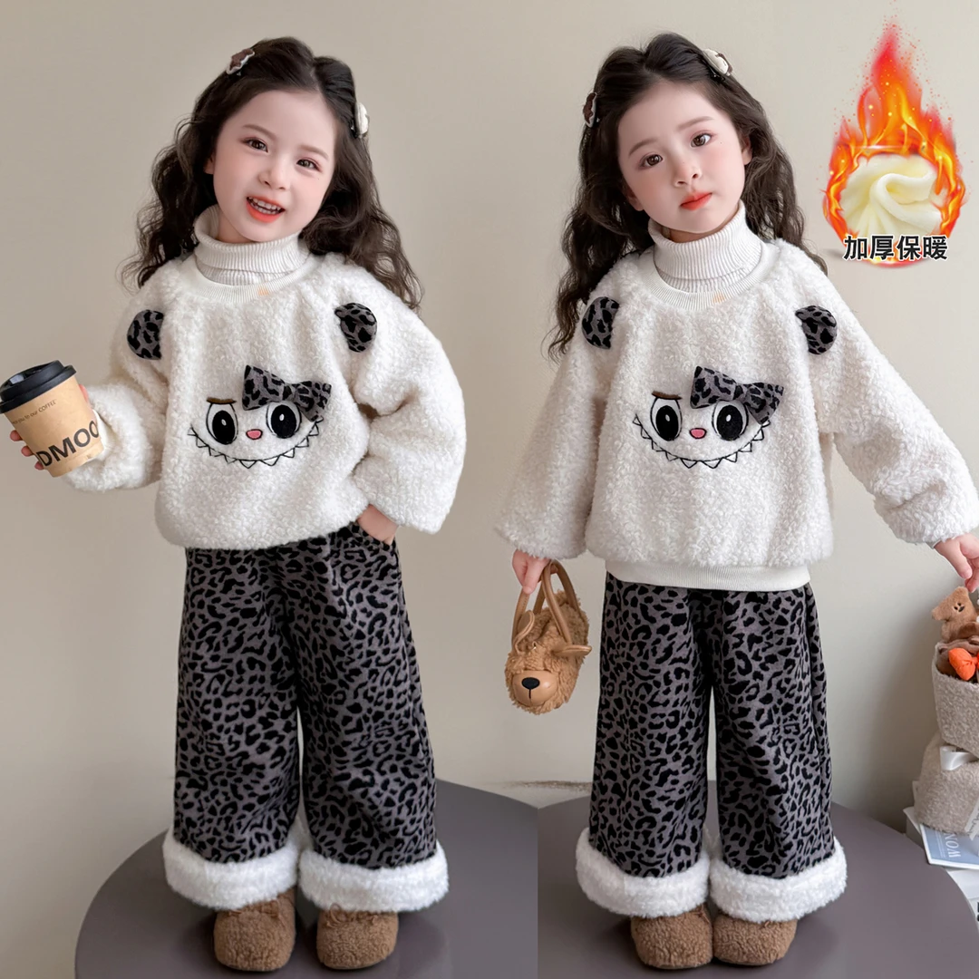女童套装加绒加厚秋冬2025新款洋气儿童冬装小女孩毛毛衣两件套潮