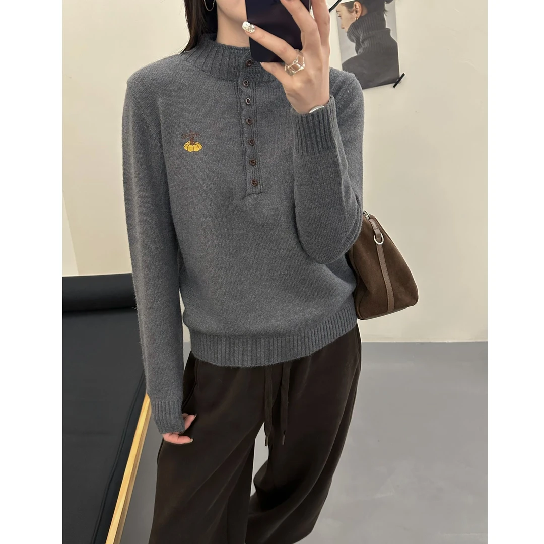 厚款秋冬半高领南瓜刺绣针织衫打底衫宽松毛衣显瘦百搭长袖套头