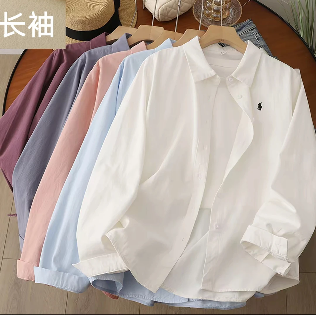 春秋厚款磨毛防卷边衬衫纯色刺绣战马衬衣女长袖外套纯棉遮肉显瘦
