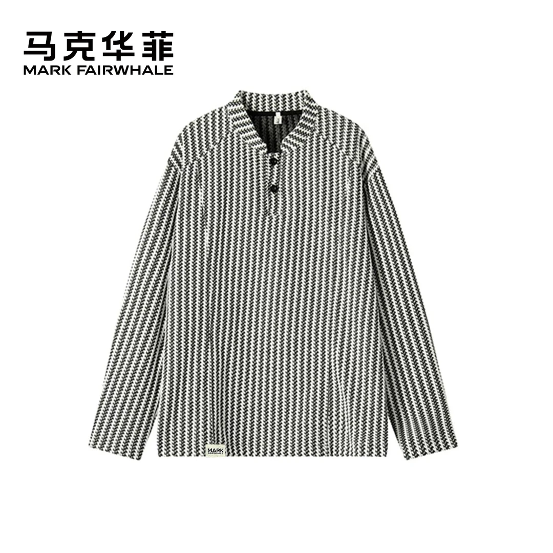 马克华菲新款百搭男女同款韩版秋冬设计感鱼骨纹亨利领长袖T恤男
