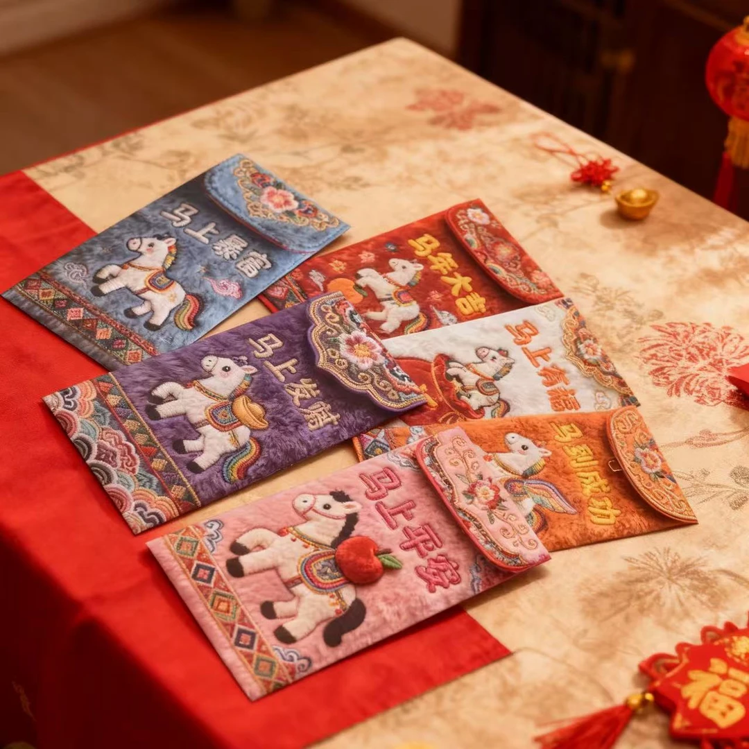 卡通刺绣风格可爱小马创意春节利是封