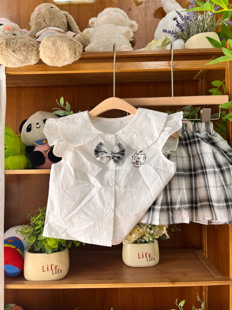 J641女童L·H·NIAO2025夏款韩系可爱百搭女孩灰白格子裙套装