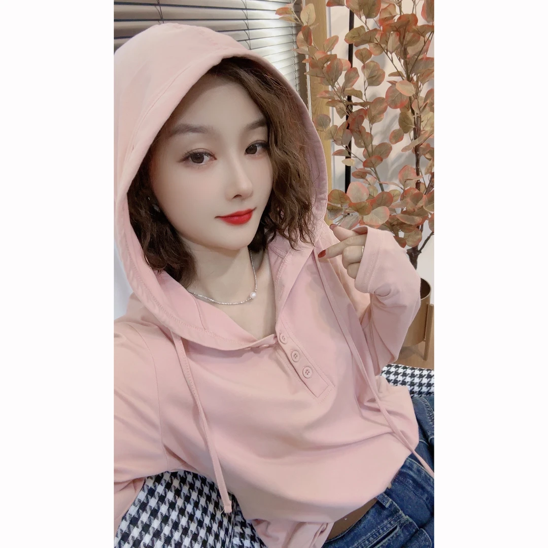 蓝卡缇文艺清新春夏连帽长袖扣子上衣休闲女宽松百搭显瘦帽衫夏季