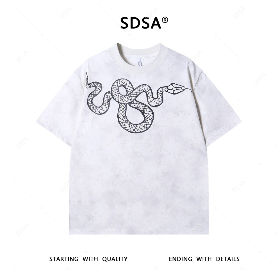 SDSA夏季新款男士痞帅立体十字胶印花蛇设计圆领短袖T恤简约时尚