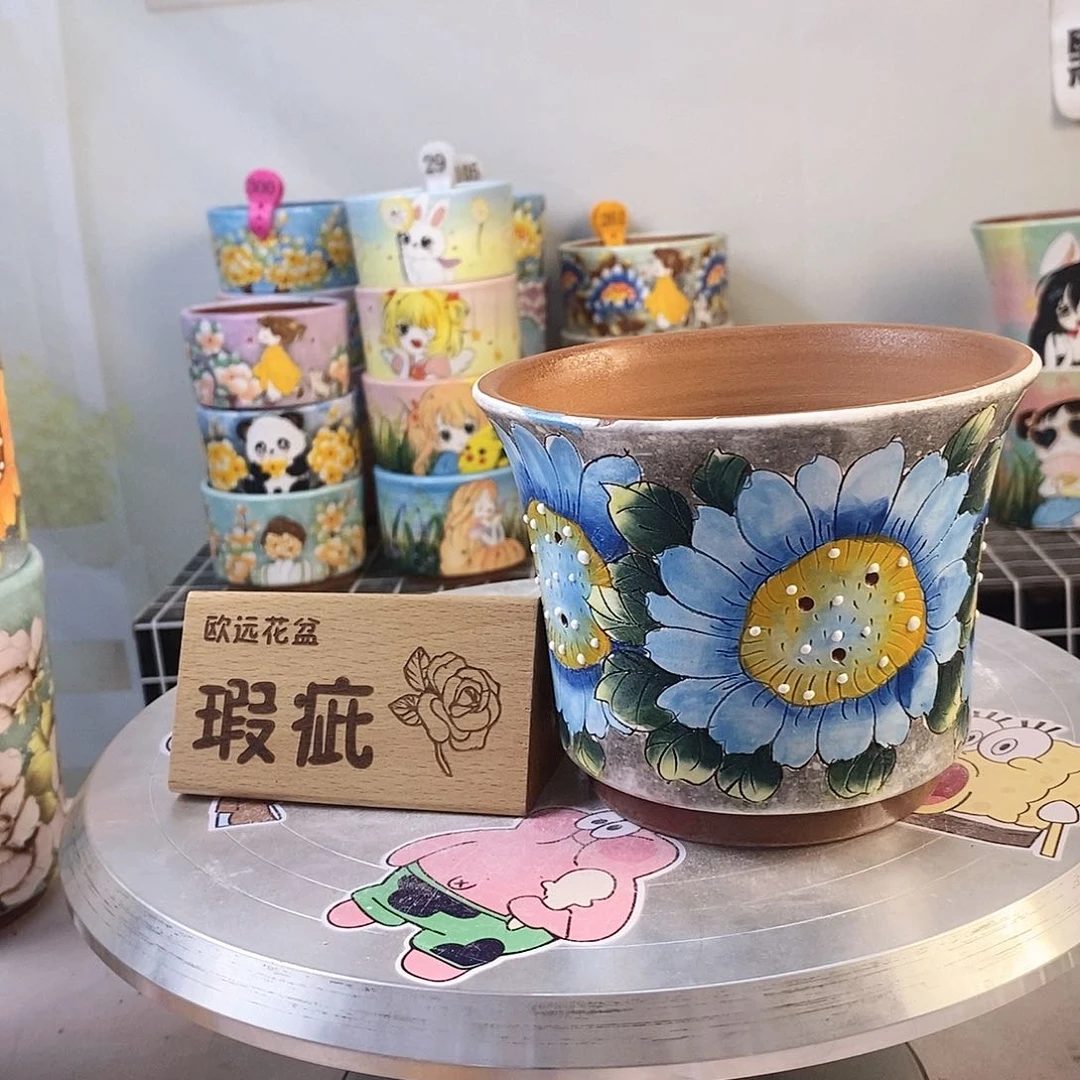 紫砂花盆红陶手绘花盆