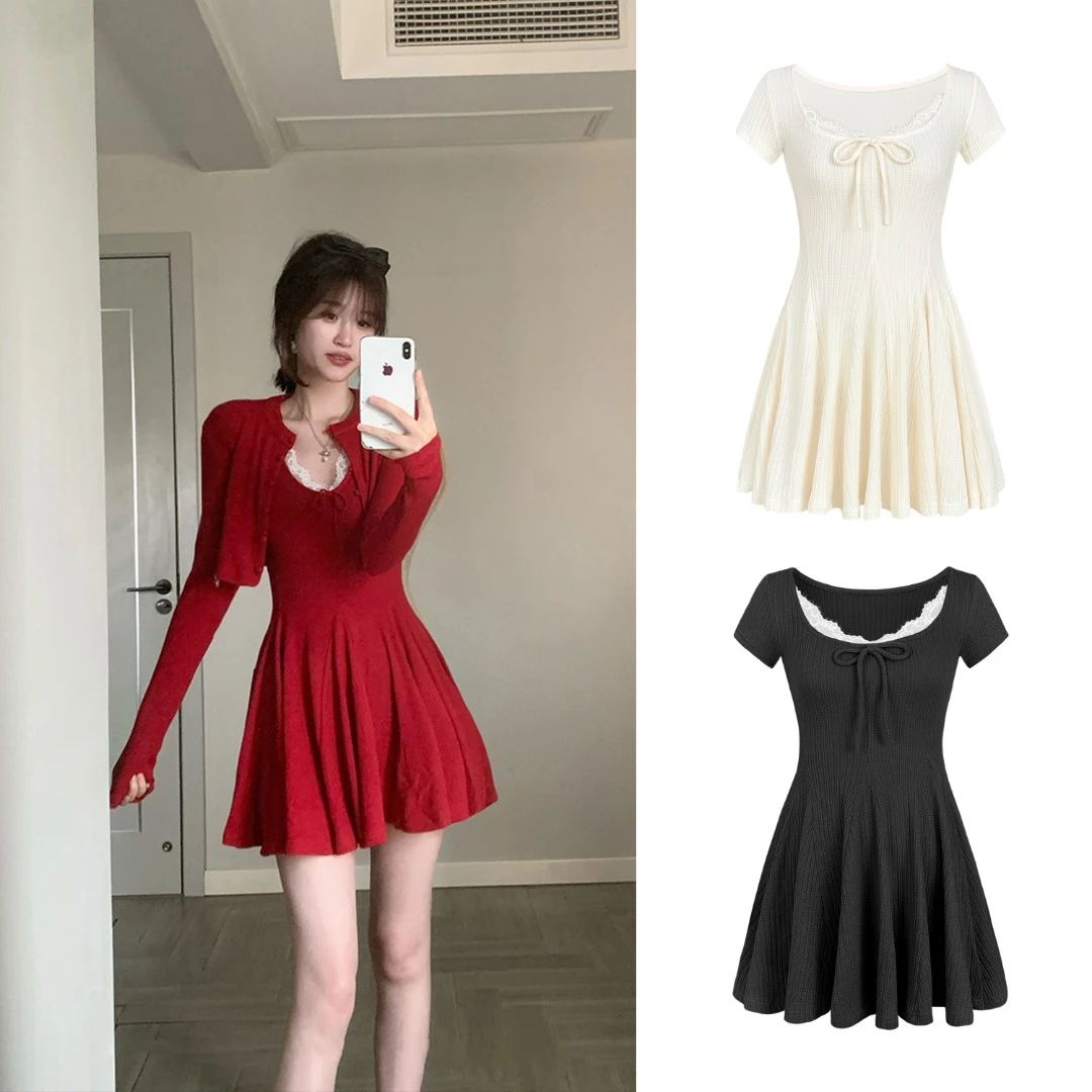 【月夜蔷薇】设计感v领针织花边连衣裙H 8711#