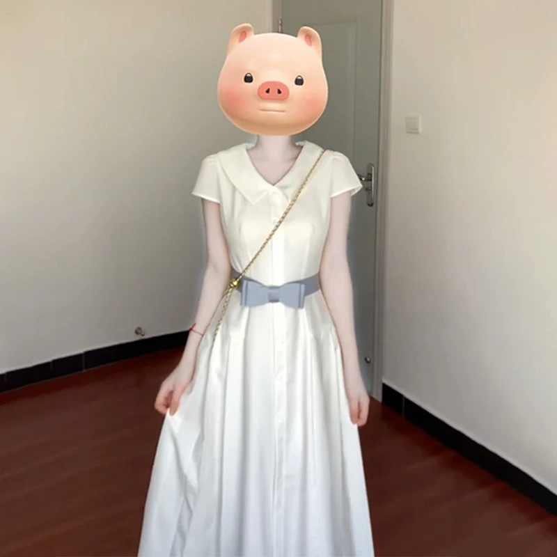 法式气质白色v领连衣裙子女夏季2025新款高级感海边拍照出片长裙