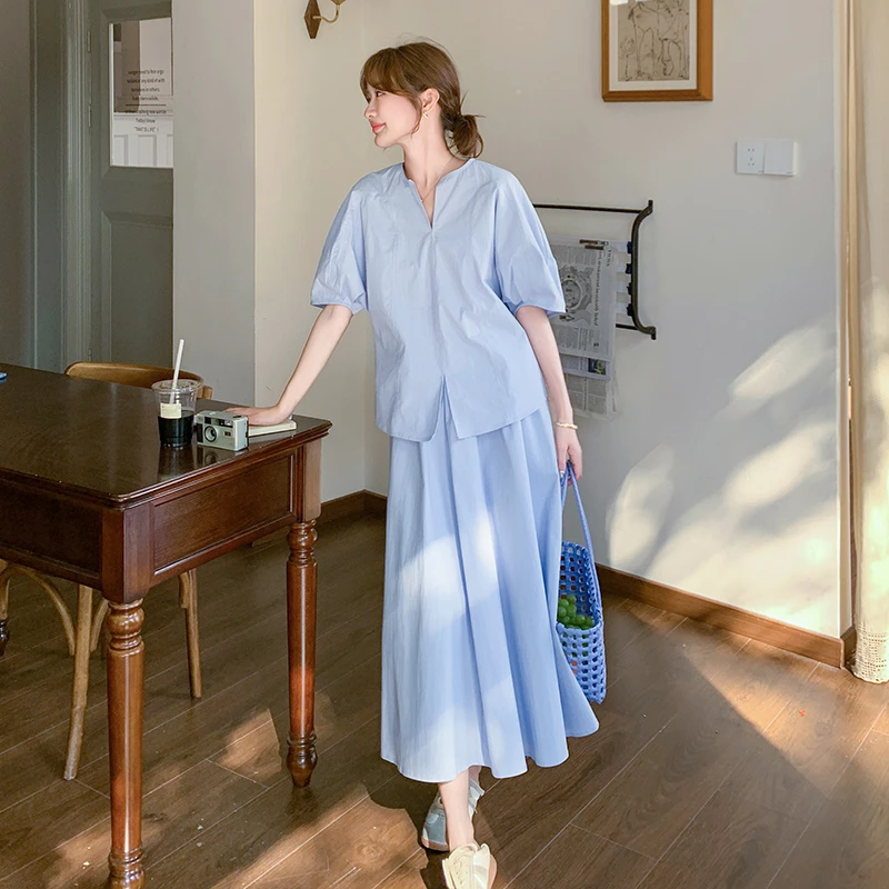 五一穿搭一整套爆款高级感大方得体巨好看蓝色衬衫半身裙两件套装