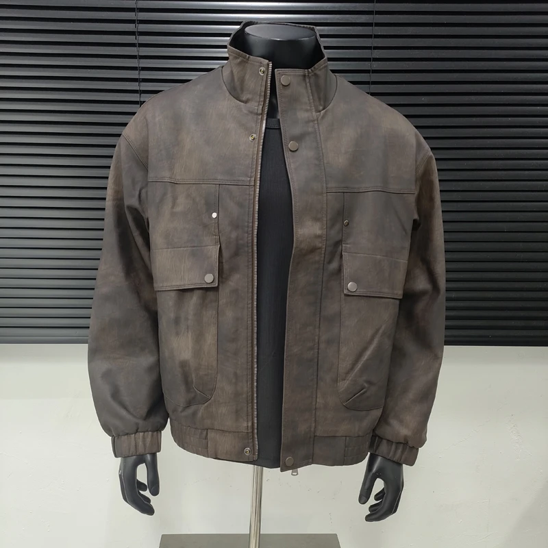 哑光做旧纹理感脏染设计工装皮衣外套男士秋季新款美式机车皮夹克
