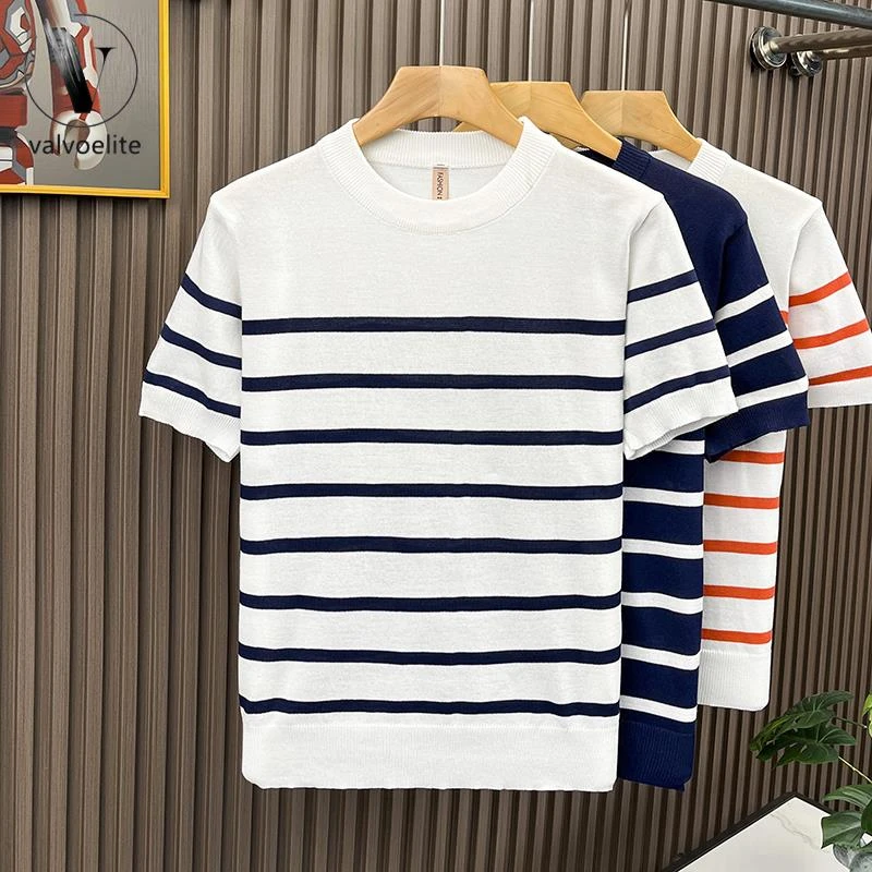 VALVOELITE条纹撞色短袖恤男夏季潮流美式薄款针织上衣高级感休闲