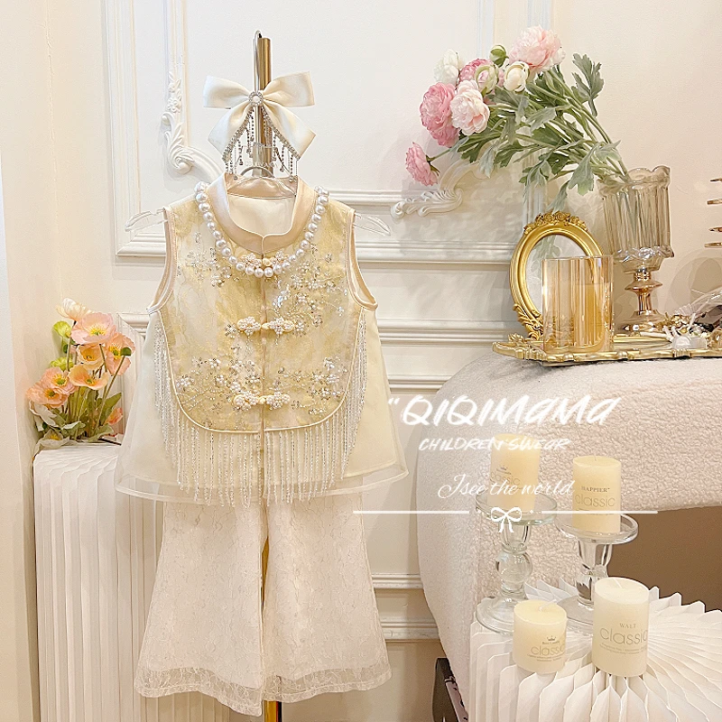 【QI奇妈现货】女童中国风马甲新中式儿童女宝精致童装套装Q0620