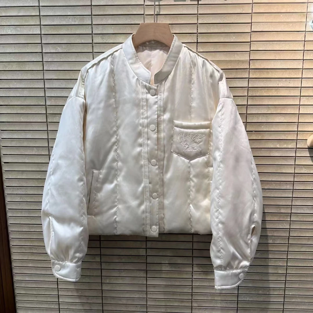 3828#欧洲站2025冬装新款小鸟刺绣口袋亮面时尚女士羽绒服白鹅绒