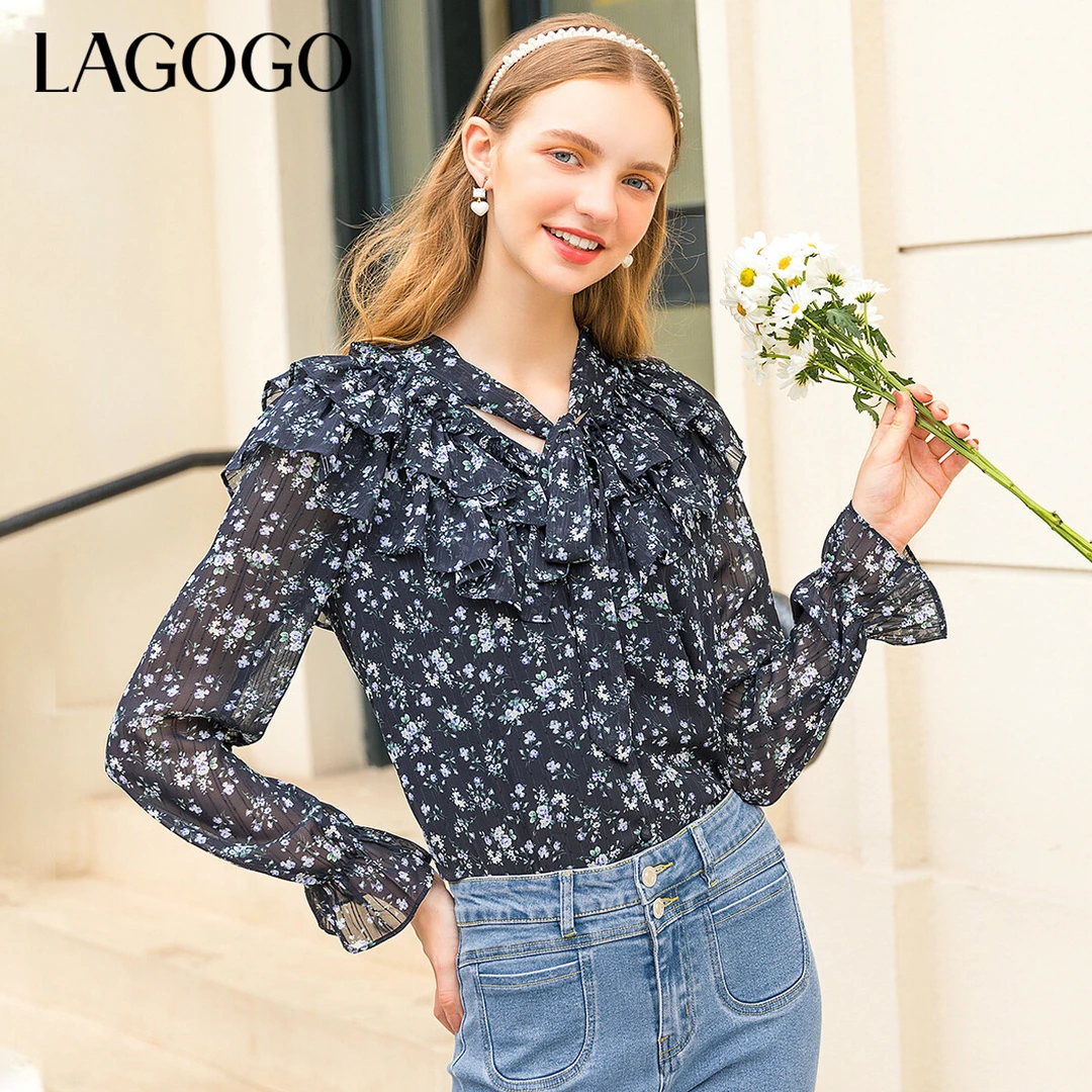 【陈大可】lagogo新款甜美木耳边飘带设计感衬衫女MCCC408G24
