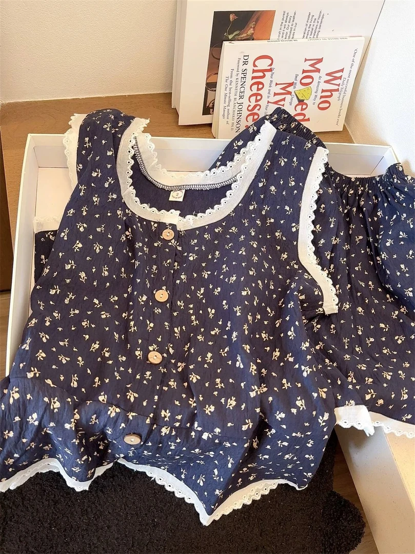 带胸垫ins少女甜美可爱碎花睡衣女夏季新款背心短裤家居服可外穿