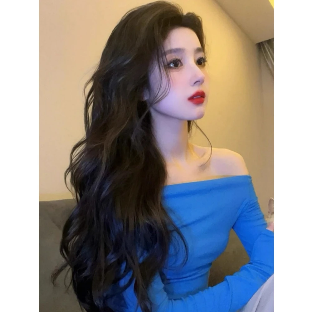 蓝色一字肩长袖T恤女2025新款韩系早秋穿搭法式内搭露肩辣妹上衣