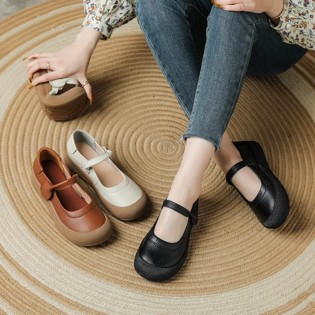 春夏新款厚底软底单鞋女复古妈妈鞋浅口防滑舒适圆头休闲女鞋