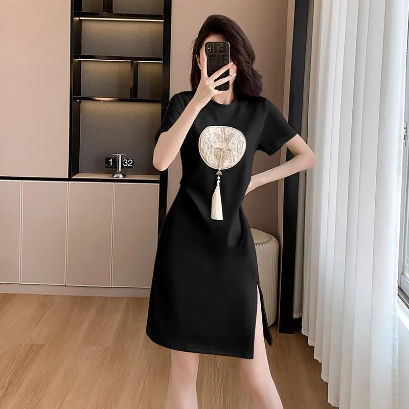 YY实拍夏时尚新中式显瘦设计感气质修身女款连衣裙黑色收腰其他SM