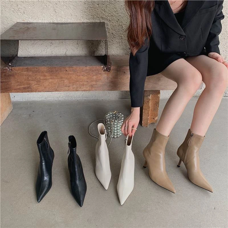2025秋冬新款短靴女单靴高跟弹力中筒白色尖头中跟时尚网红瘦瘦靴