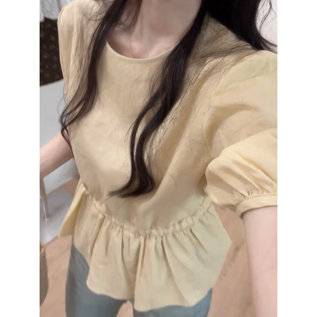【五分糖】收腰小衫设计感圆领下摆抽绳收腰上衣