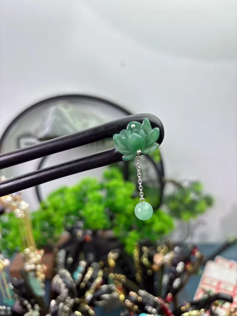 炑歌J496绿色莲花13公分双钗发簪手工发饰中式国风簪子百搭木发簪
