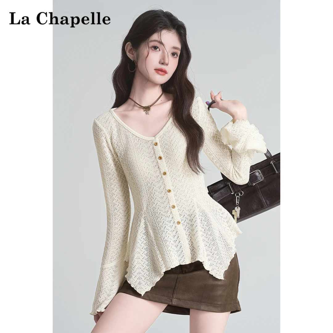 拉夏贝尔法式V领长袖针织开衫女2025秋季新款设计感收腰百搭上衣