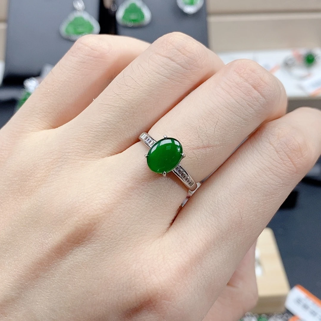 翡翠银S925镀金镶嵌戒指天然翡翠